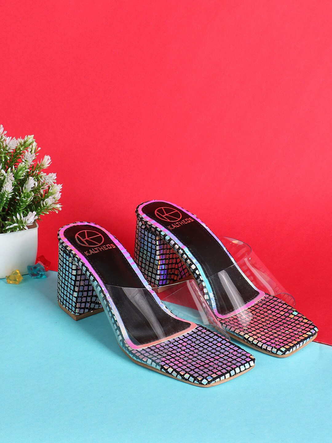 

KALTHEOS Transparent Embellished PU Party Kitten Peep Toes
