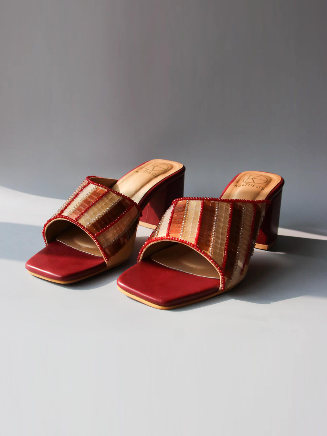 

KALTHEOS Maroon Striped Party Canvas Block Heels
