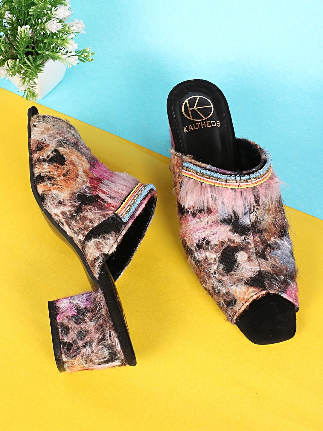 

KALTHEOS Black & Pink Embellished Party Block Heeled Mules