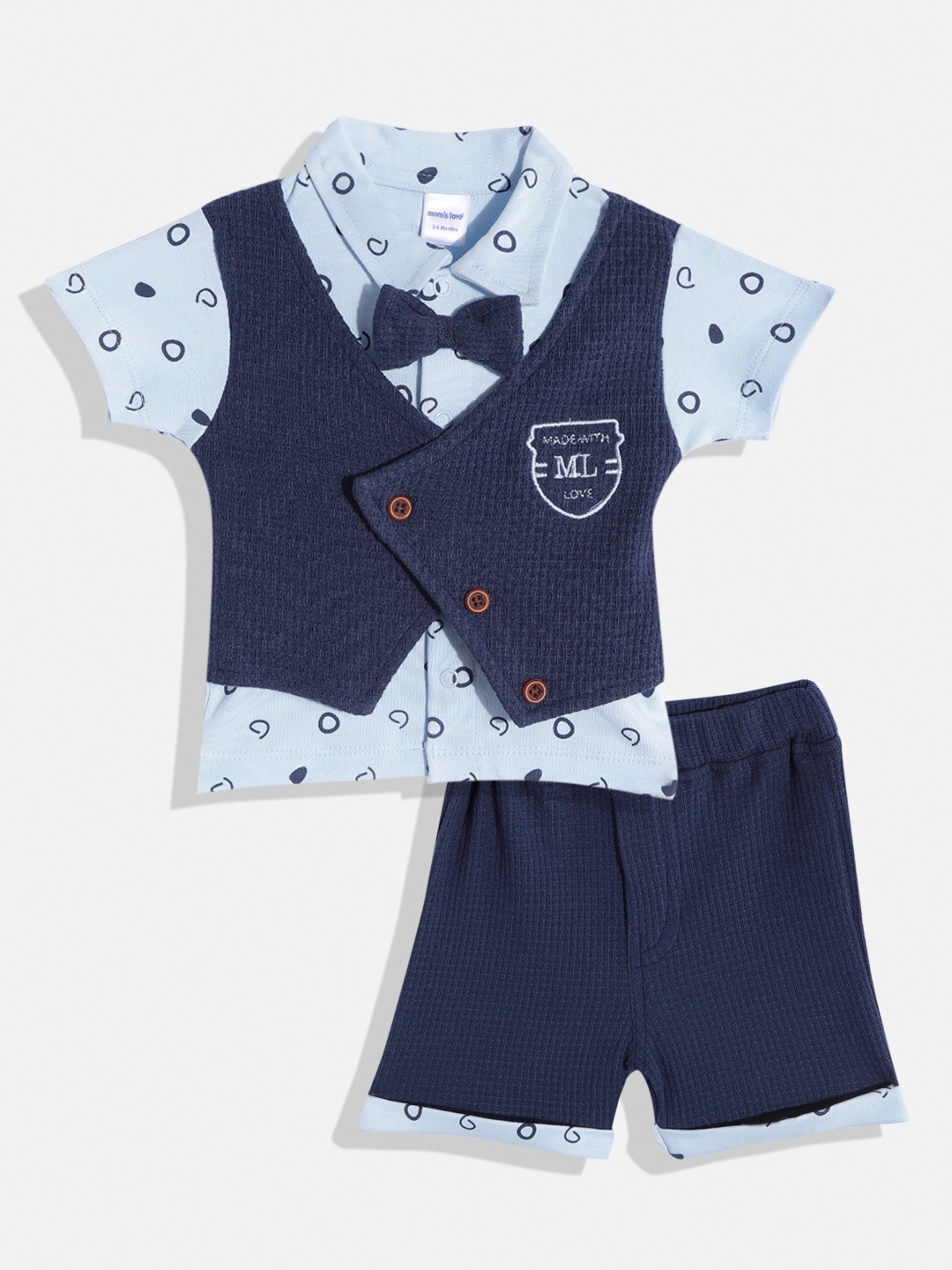 

Moms Love Infant Boys Blue Printed Pure Cotton Shirt with Shorts & Waistcoat