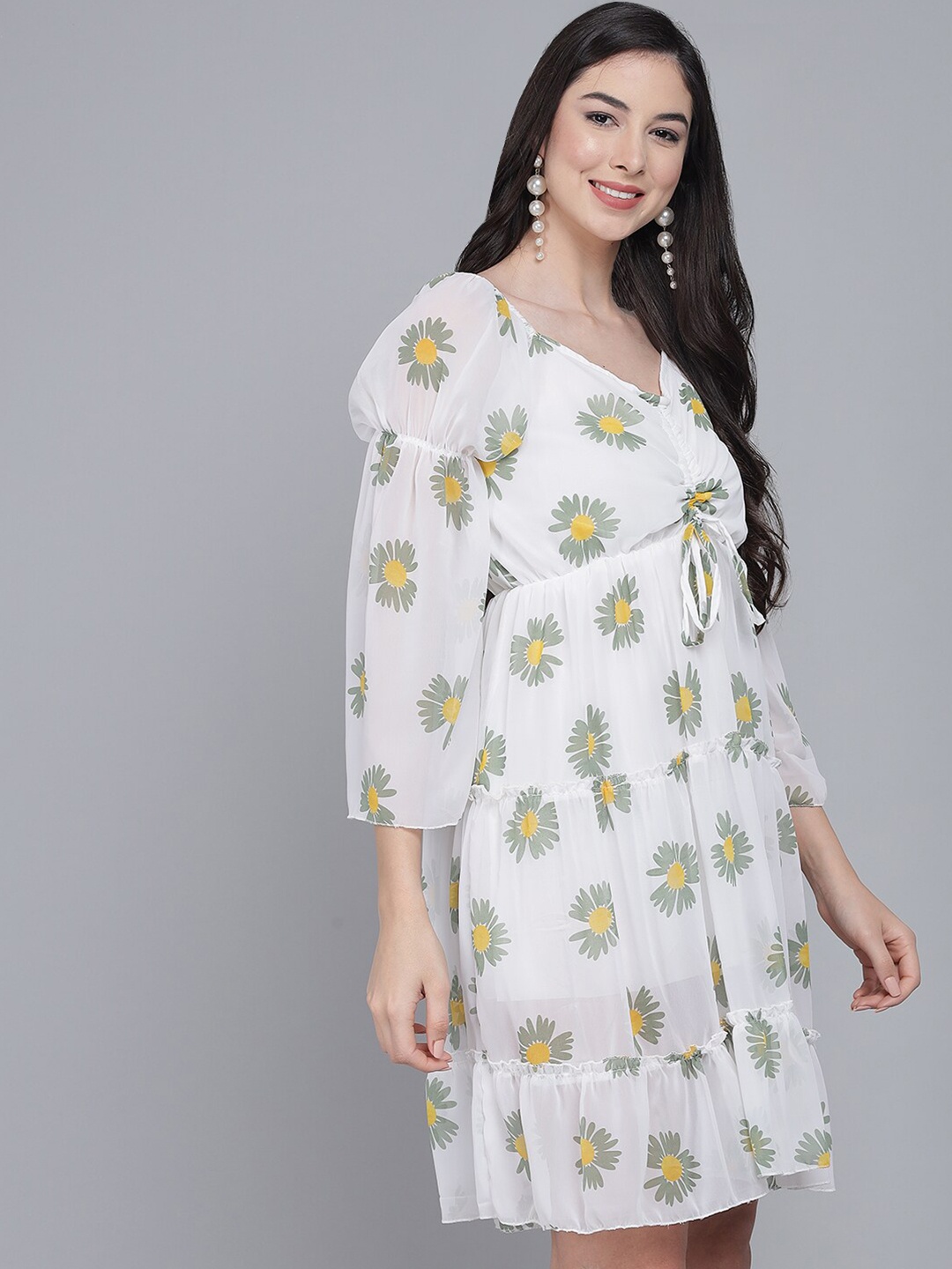 

FurryFlair White & Green Floral Georgette Empire Dress