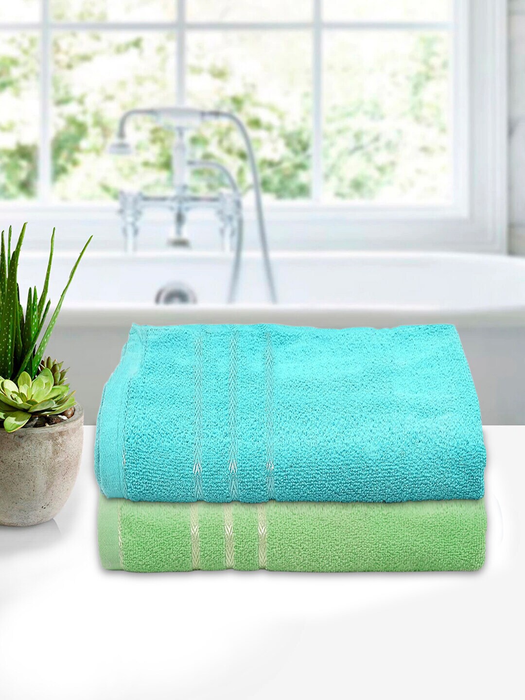 

Kuber Industries Set Of 2 Green and Blue Solid 210 GSM Pure Cotton Bath Towels