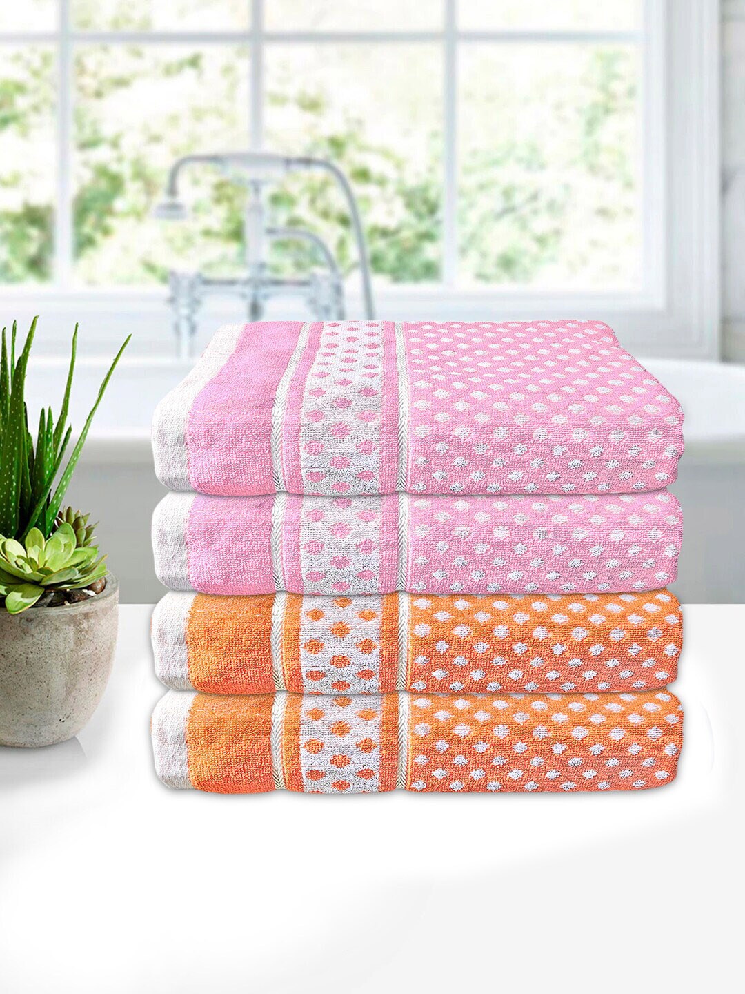 

Kuber Industries Pack of 4 Pink & Orange Printed Cotton Bath Towels