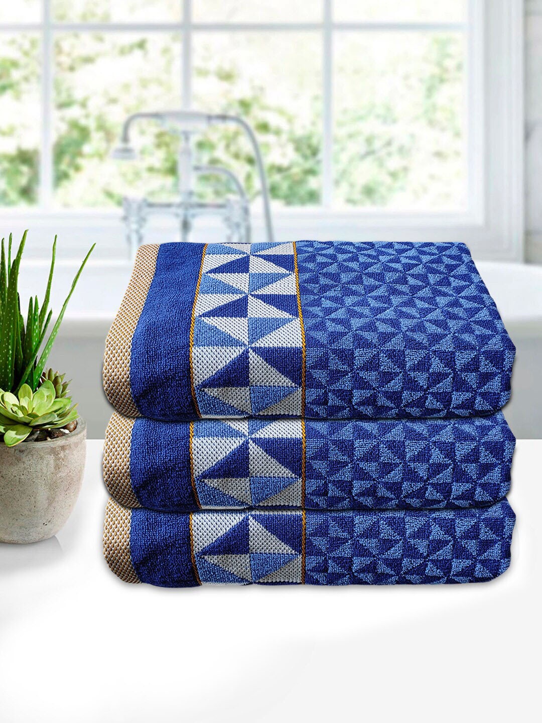 

Kuber Industries Unisex Set Of 3 Blue Printed Cotton 400 GSM Bath Towels