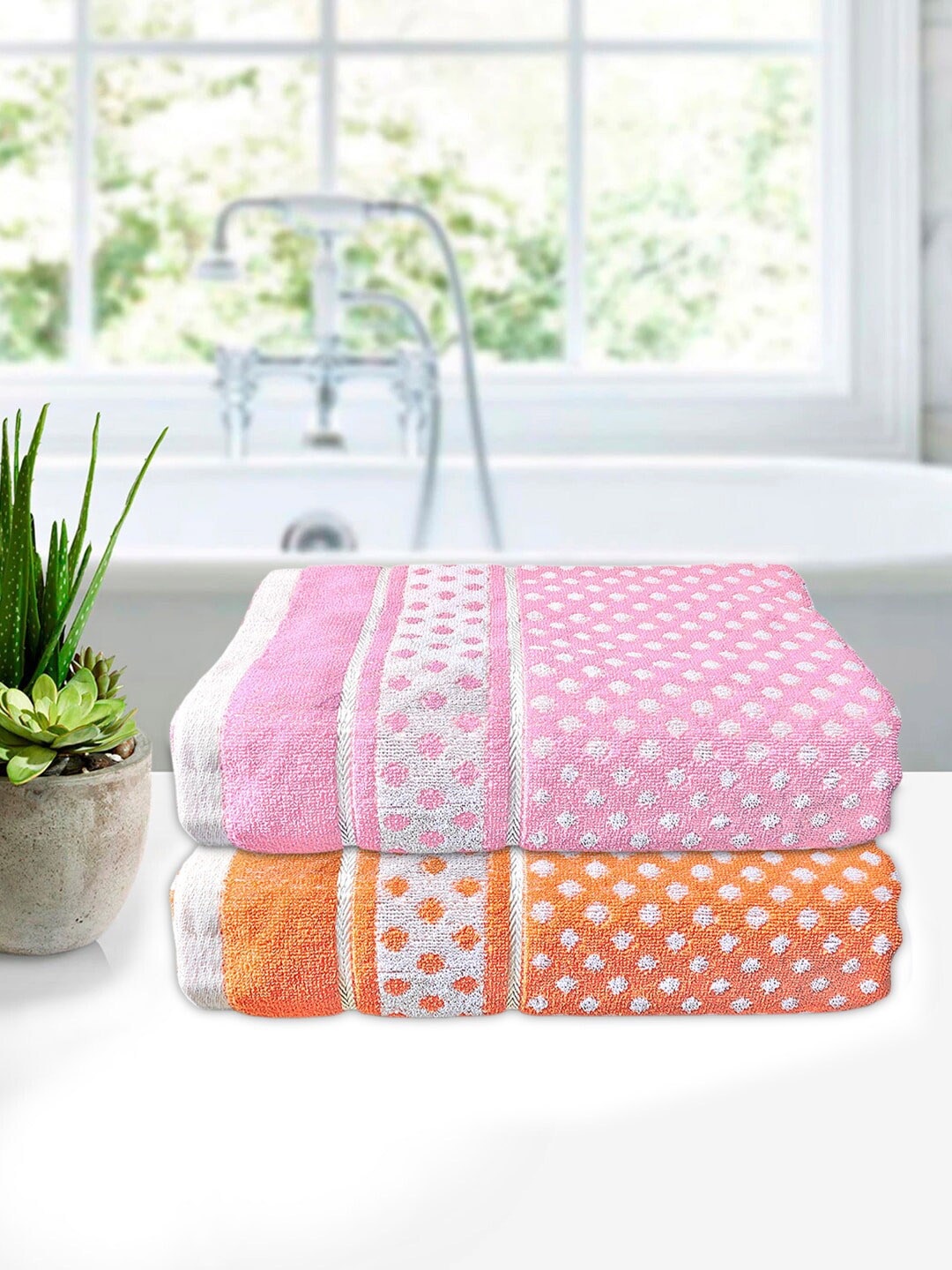 

Kuber Industries Unisex Set Of 2 Orange & Pink Printed 400 GSM Cotton Bath Towels