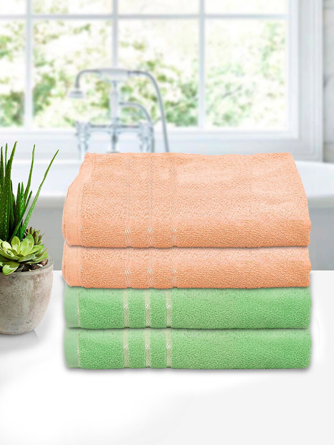 

Kuber Industries Set Of 4 Green & Orange Solid 210 GSM Cotton Bath Towels