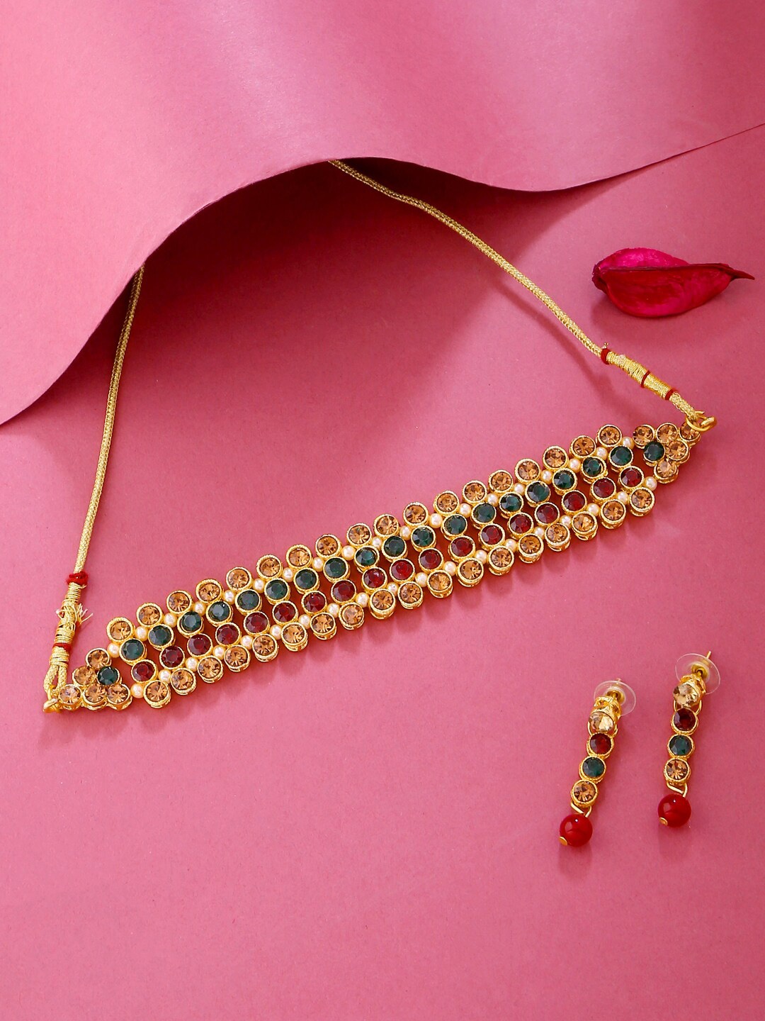 

VIRAASI Gold- Plated Red & Green Stone Studded Jewellery Set