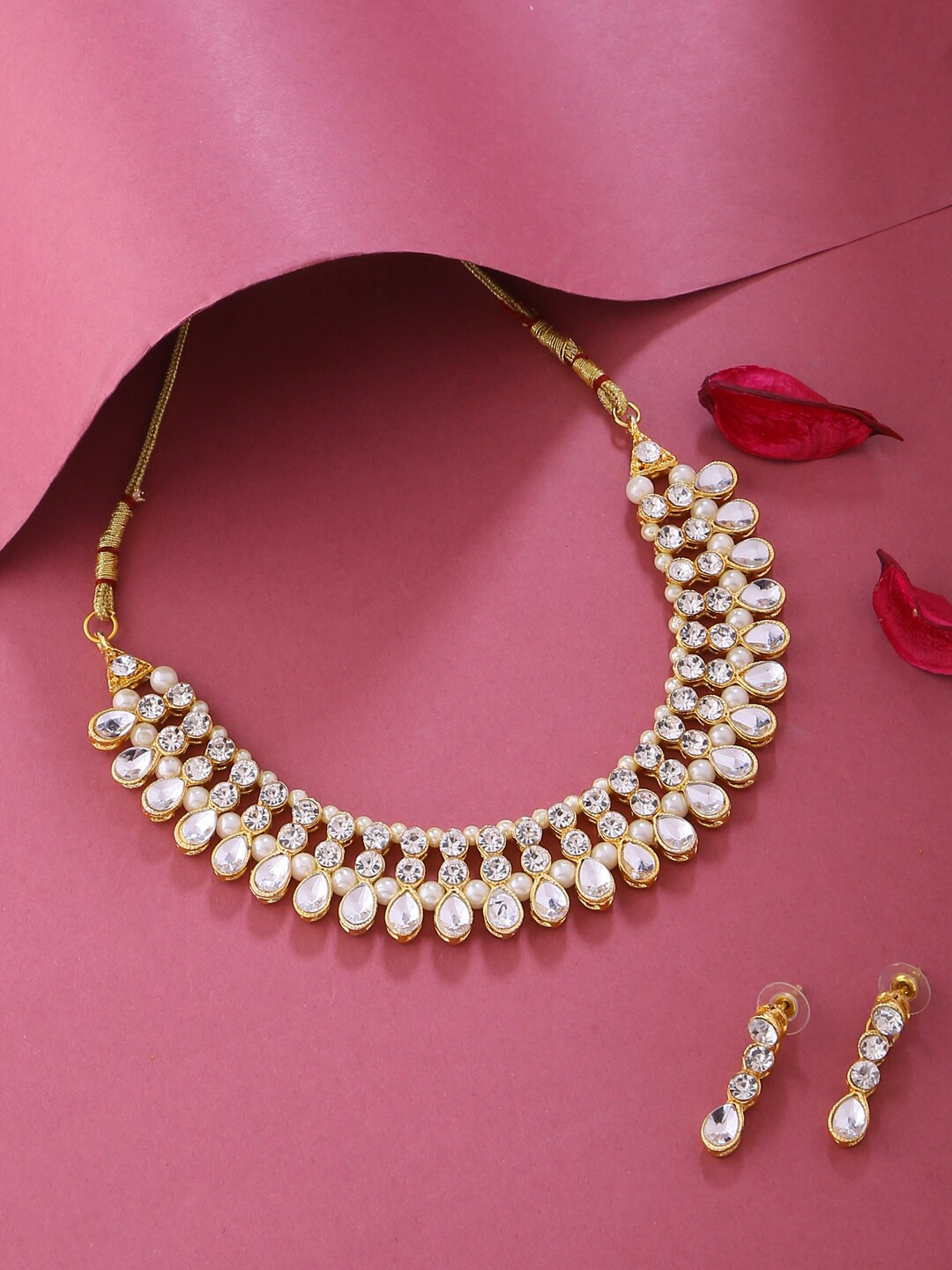 

VIRAASI Gold-Plated White Stone-Studded & Pearl-Beaded Jewellery Set