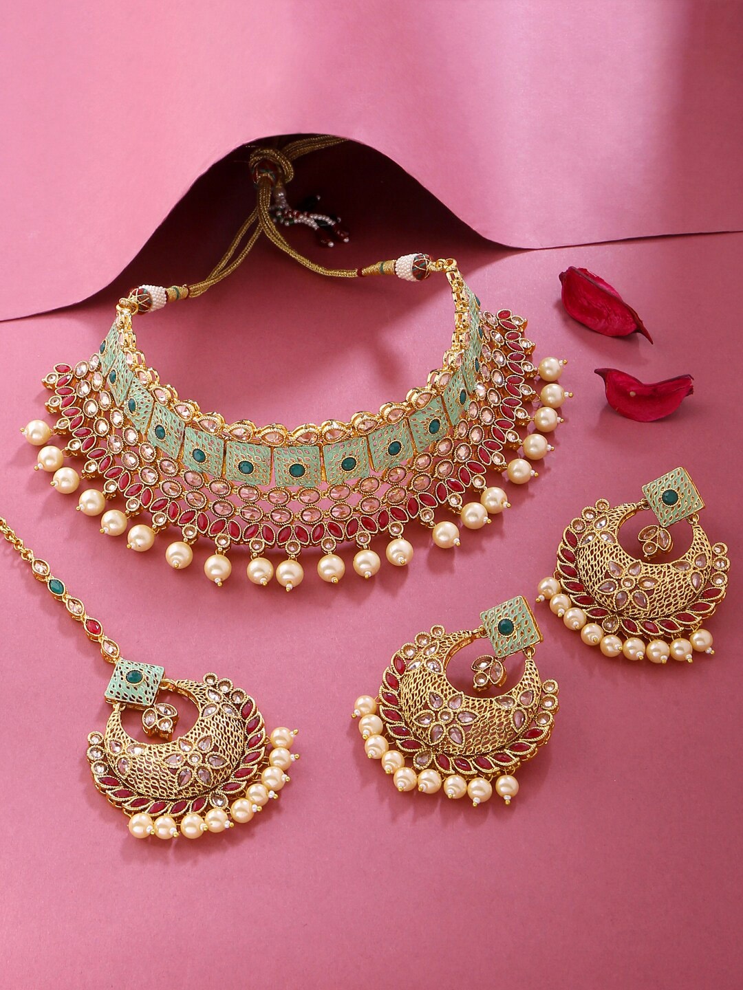 

VIRAASI Gold-Plated Green Stone Studded Bridal Jewellery Set