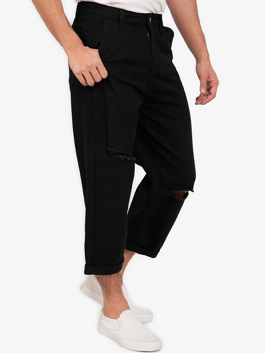 

ZALORA BASICS Men Black Wide Leg Highly Distressed Oversized Ripped Jeans