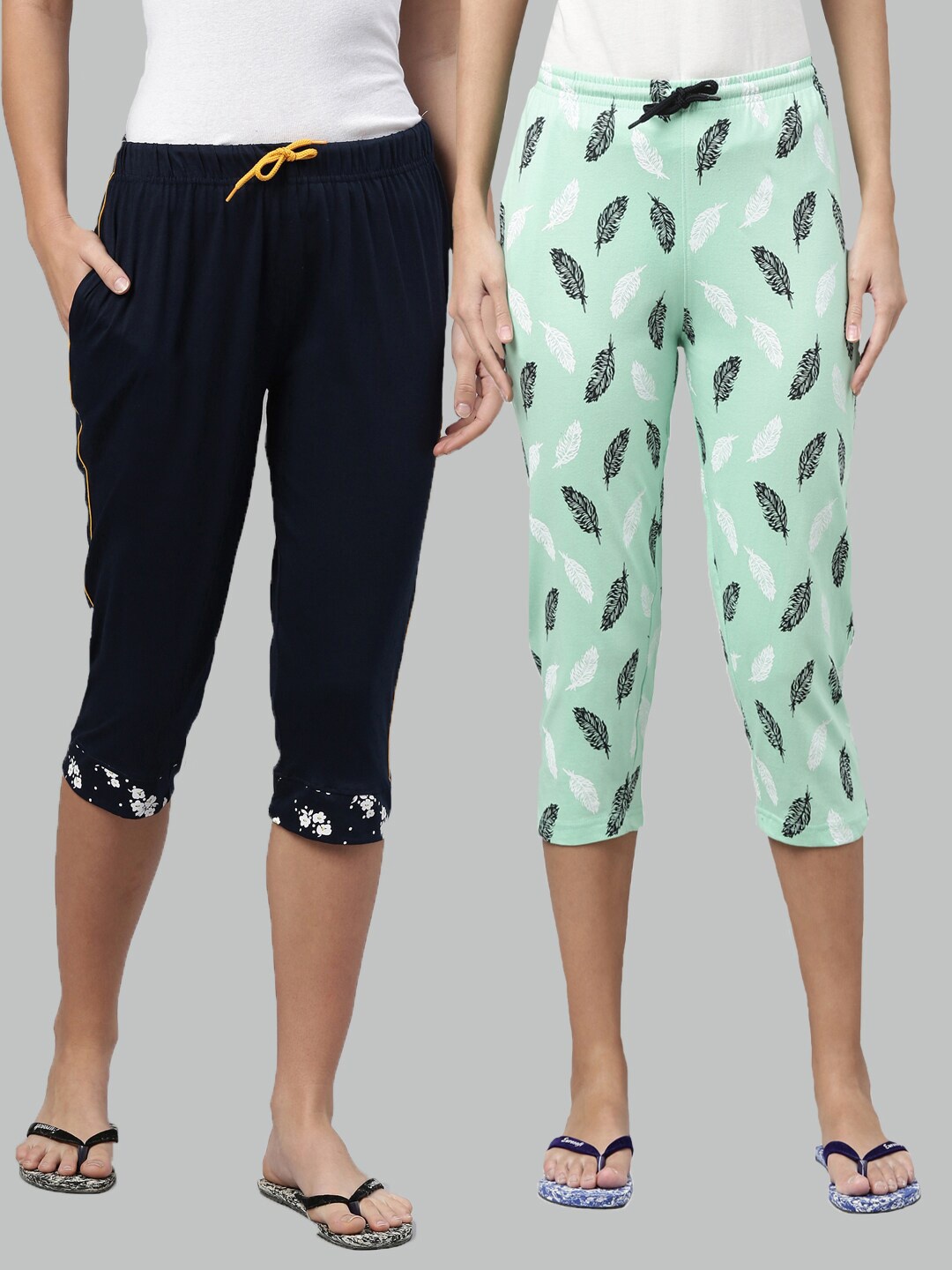 

Kryptic Pack of 2 Women Navy Blue & Sea Green Printed Cotton Capris