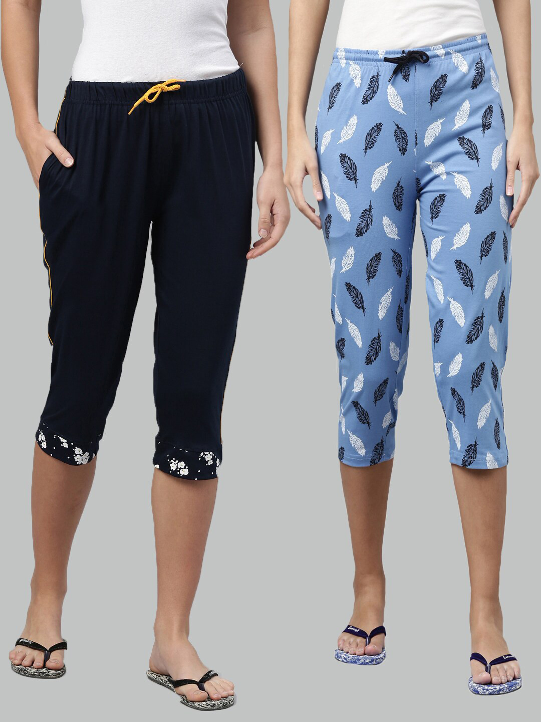 

Kryptic Women Pack of 2 Printed Cotton Capris, Navy blue