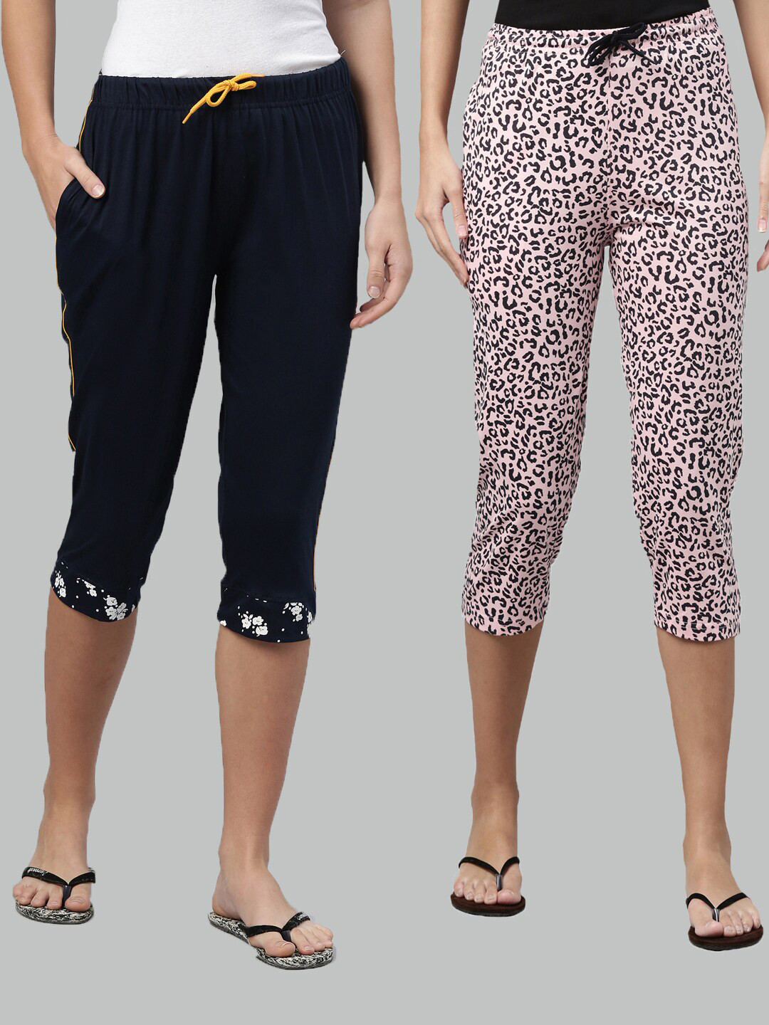 

Kryptic Women Set of 2 Navy Blue & Pink Printed Pure Cotton Capris