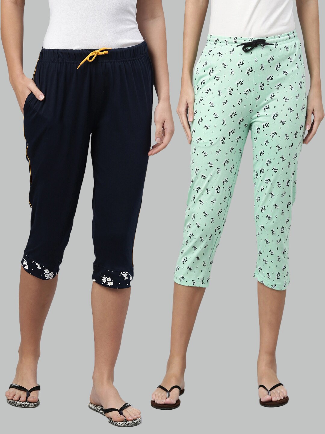 

Kryptic Women Pack Of 2 Navy Blue & Green Pure Cotton Printed Capris