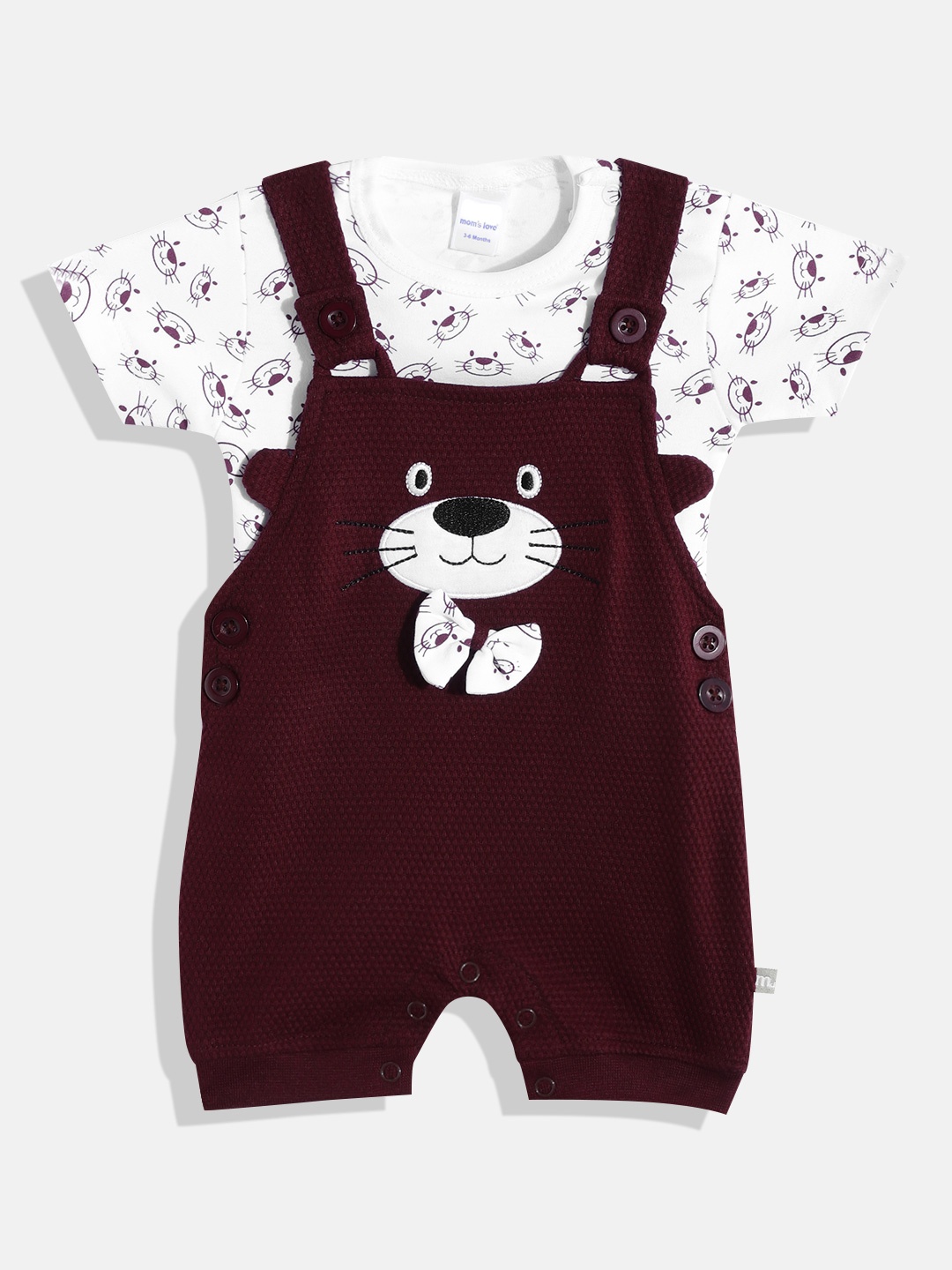 

Moms Love Boys Maroon & White Applique Detail Dungaree with T-shirt