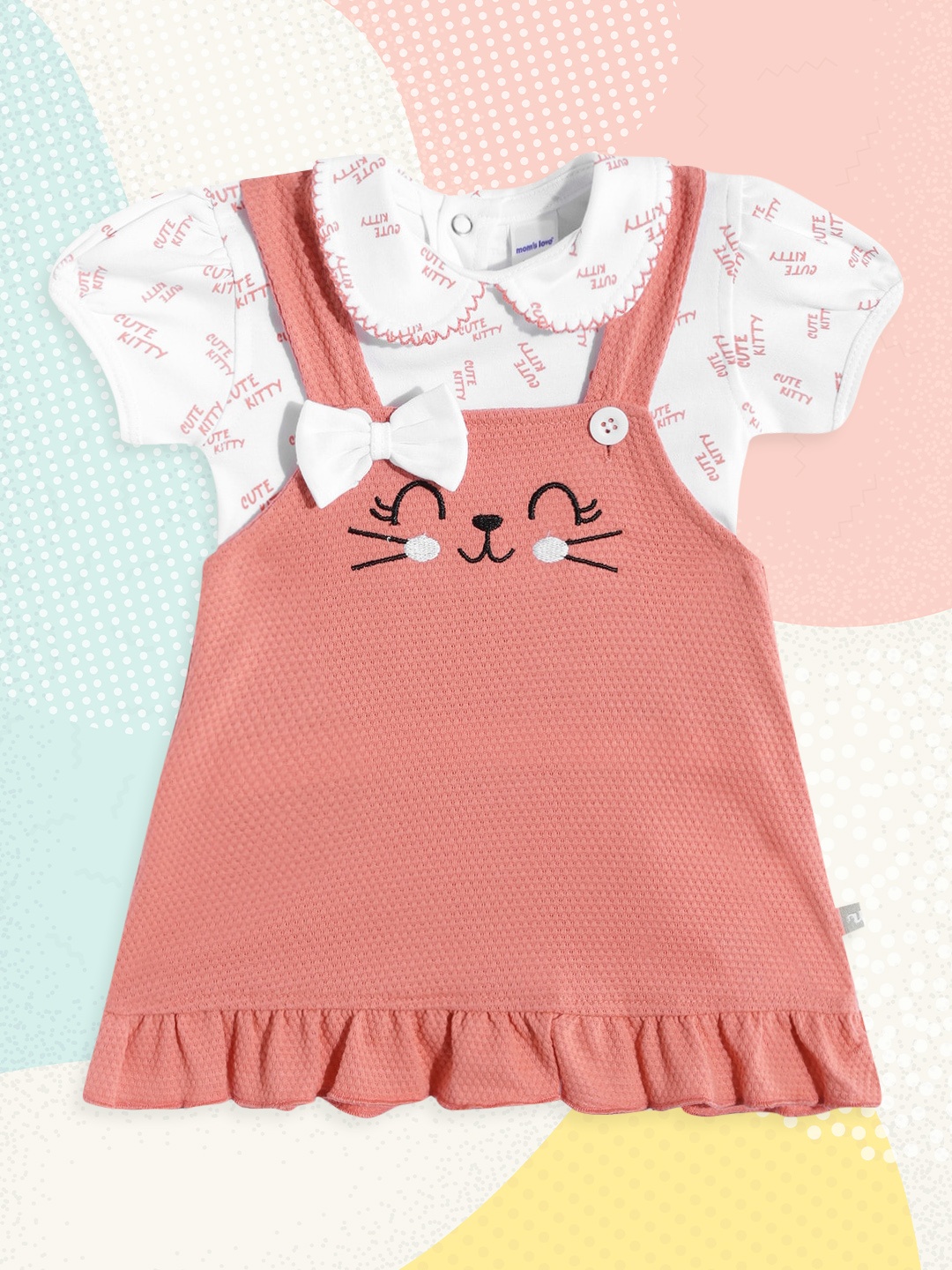 

Moms Love Girls Peach-Coloured & White Bow Detail Pinafore Dress with T-shirt