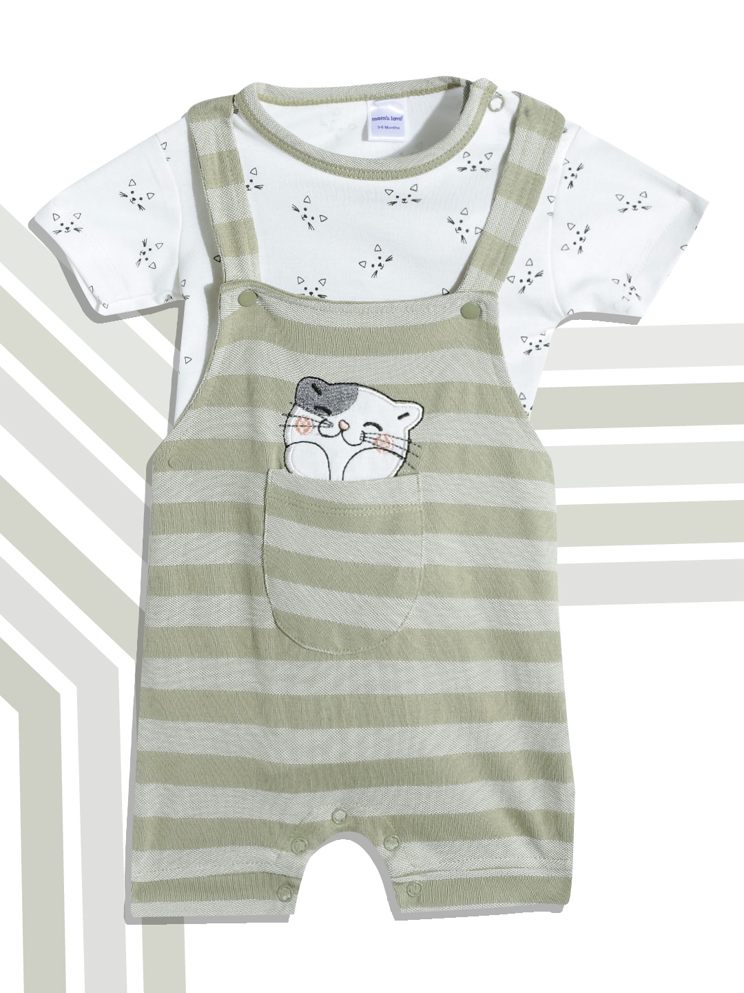

Moms Love Infant Girls Green & White Striped & Applique Cotton Dungarees with Top