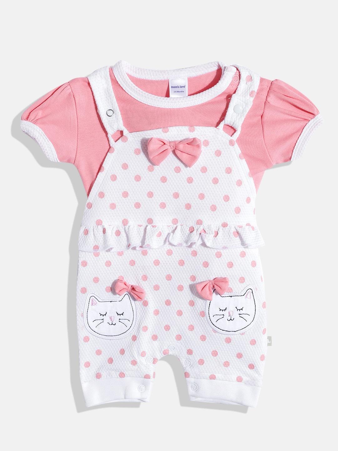 

Moms Love Infant Girls White & Pink Polka Print & Applique Cotton Dungarees with Top