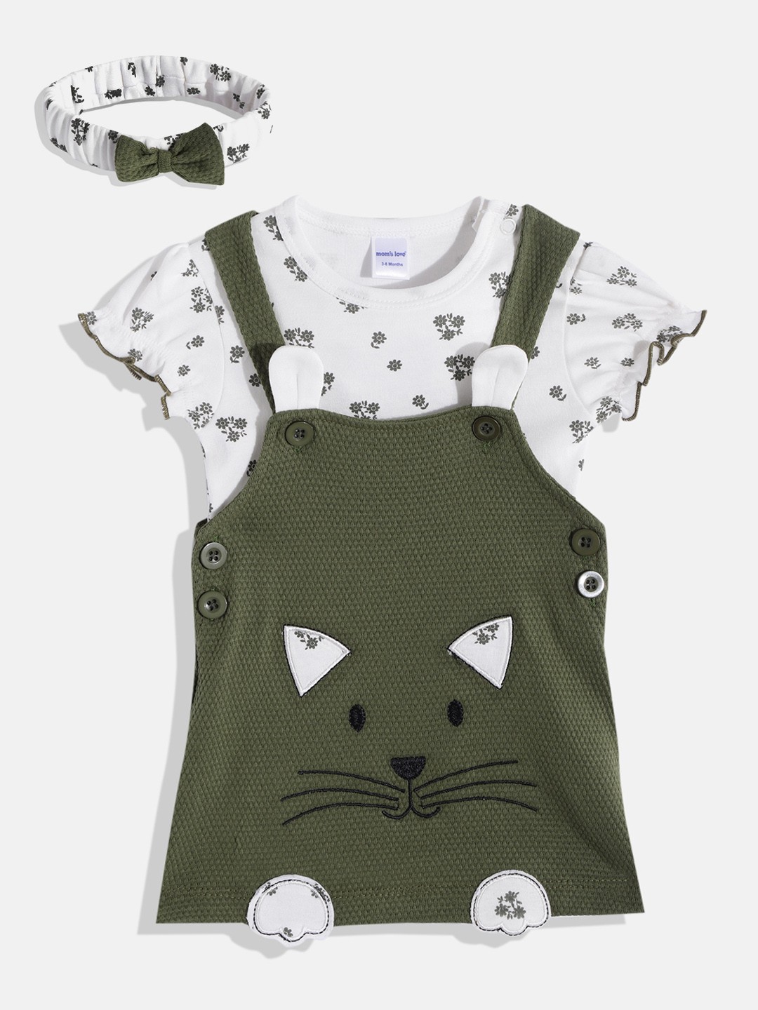 

Moms Love Infant Girls Olive Green & White Self Design Pinafore Dress & Top & Hairband
