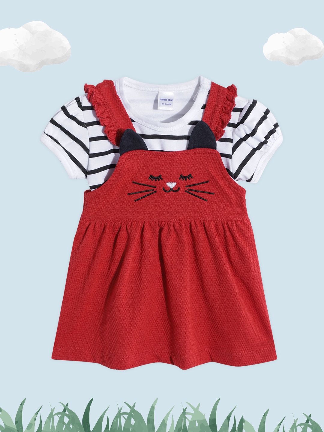 

Moms Love Infant Girls Red & White Pure Cotton Fit & Flare Dress with Top