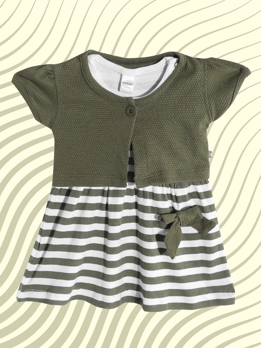 

Moms Love Infant Girls Olive Green & White Striped Pure Cotton Dress with Jacket