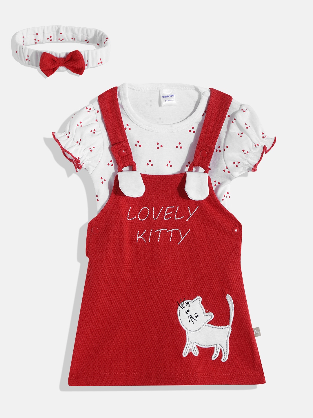 

Moms Love Infant Girls Red & White Cat Applique Pinafore Dress with Top & Hairband
