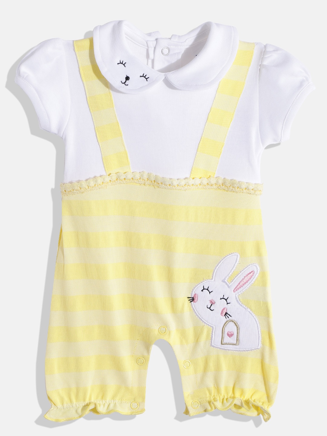 

Moms Love Infant Girls Yellow & White Striped Pure Cotton Rompers with Applique