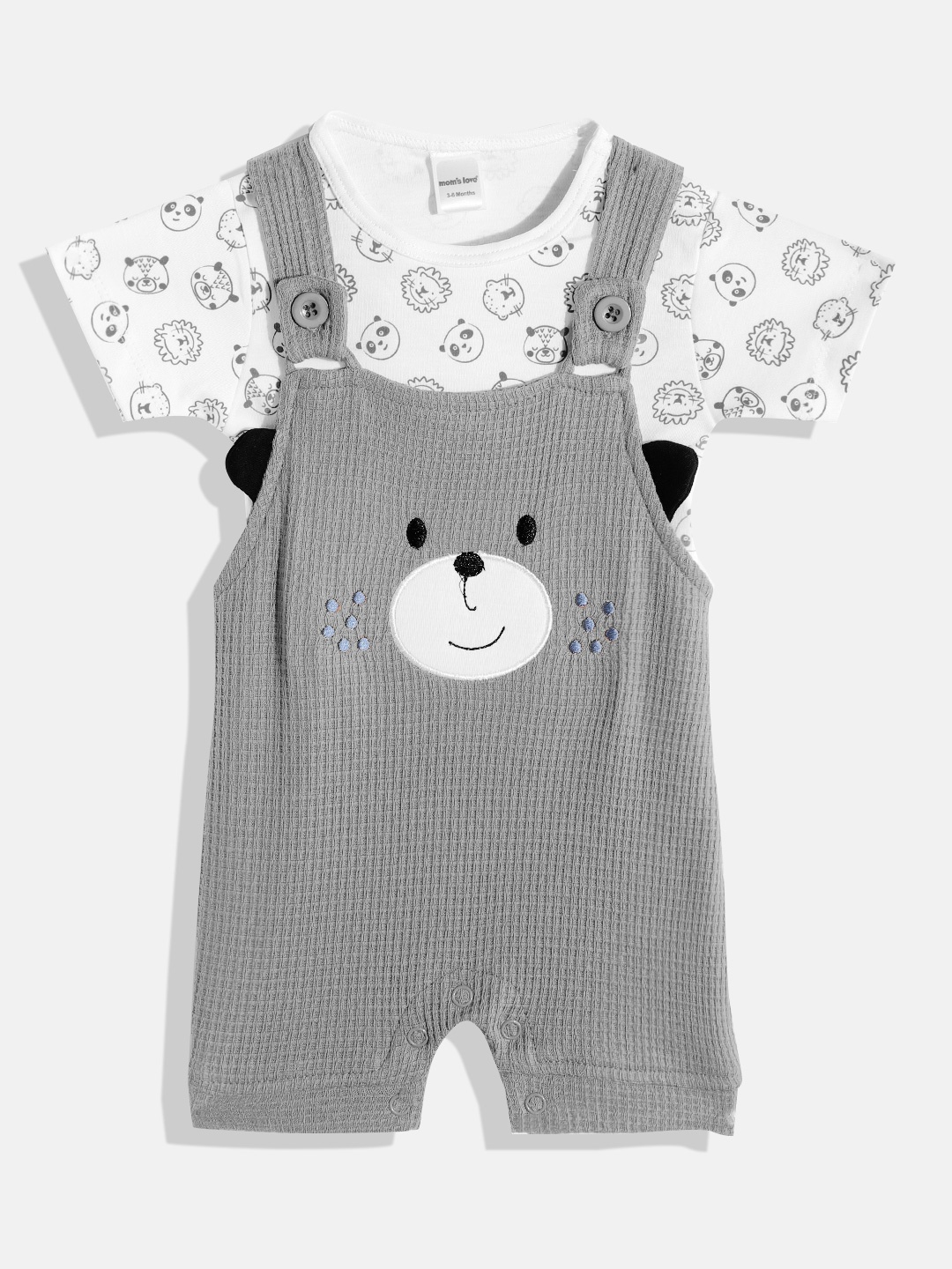 

Moms Love Infant Boys Grey & White Applique Cotton Dungarees with T-shirt