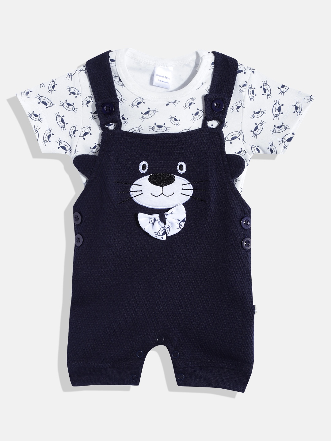 

Moms Love Boys Navy Blue & White Applique Detail Dungaree with T-shirt