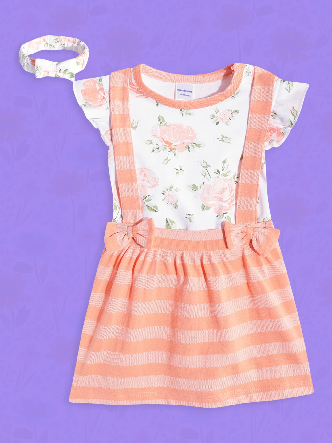 

Moms Love Infant Girls White & Peach-Coloured Pure Cotton Floral Top & Striped Skirt