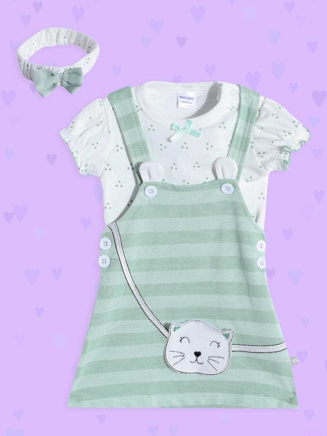 

Moms Love Infant Girls Mint Green & White Striped Cotton Pinafore Dress Top & Hairband