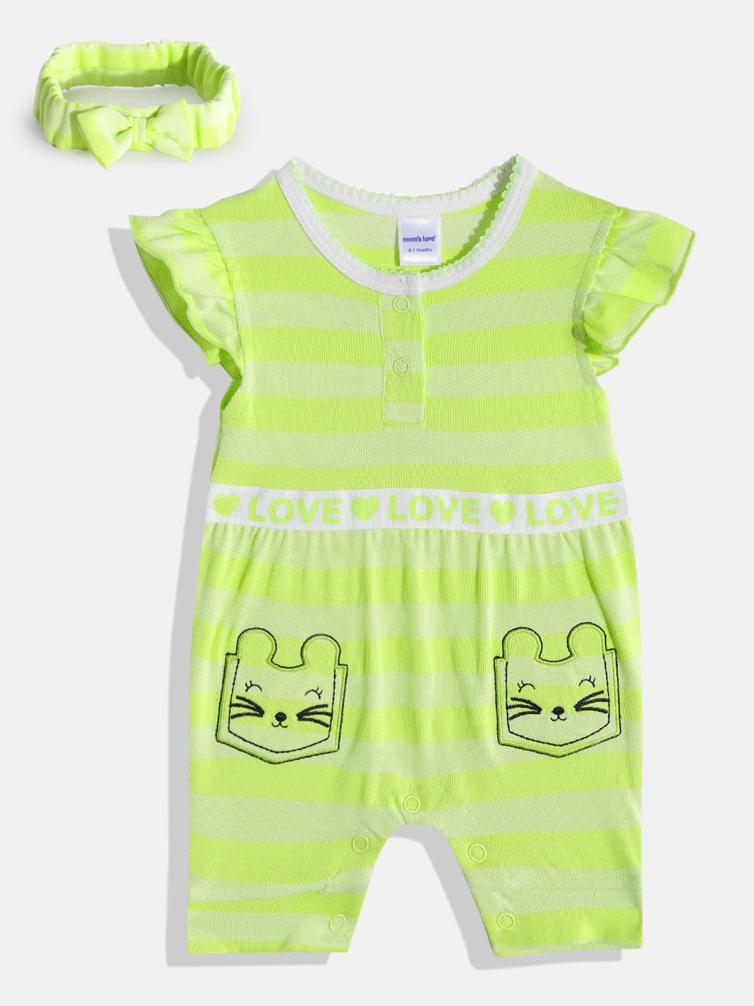 

Moms Love Infant Girls Neon Green Striped Pure Cotton Romper with Headband, Fluorescent green