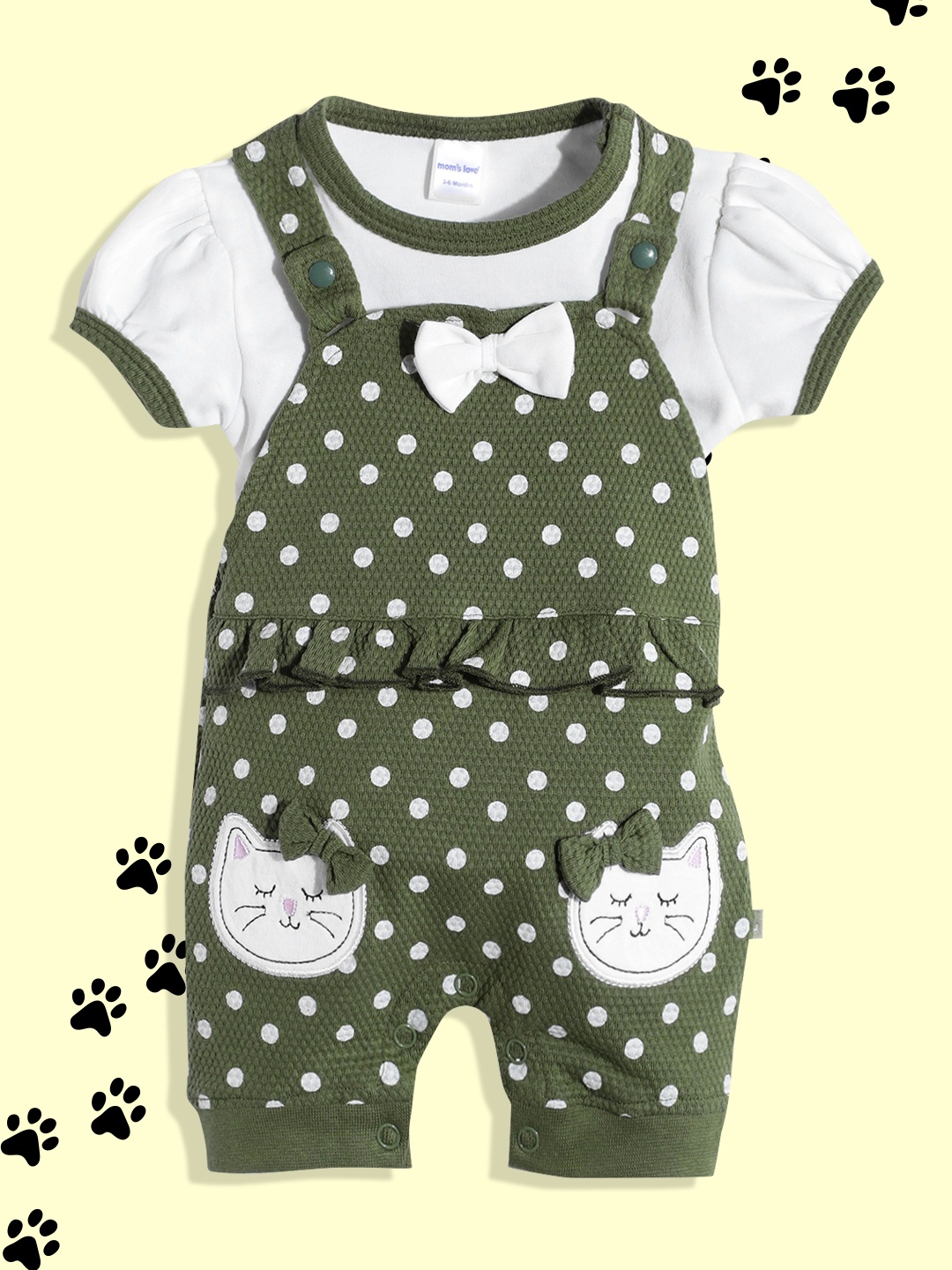 

Moms Love Infant Girls Olive & White Polka Print & Applique Cotton Dungarees with Top