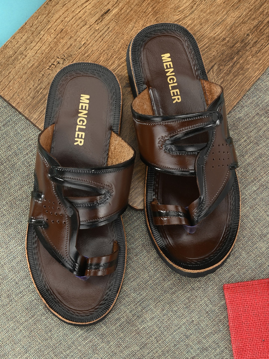 

MENGLER Men Brown & Black Leather Comfort Sandals
