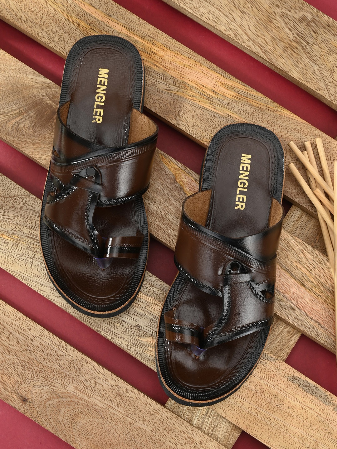 

MENGLER Men Brown Leather Comfort Sandals