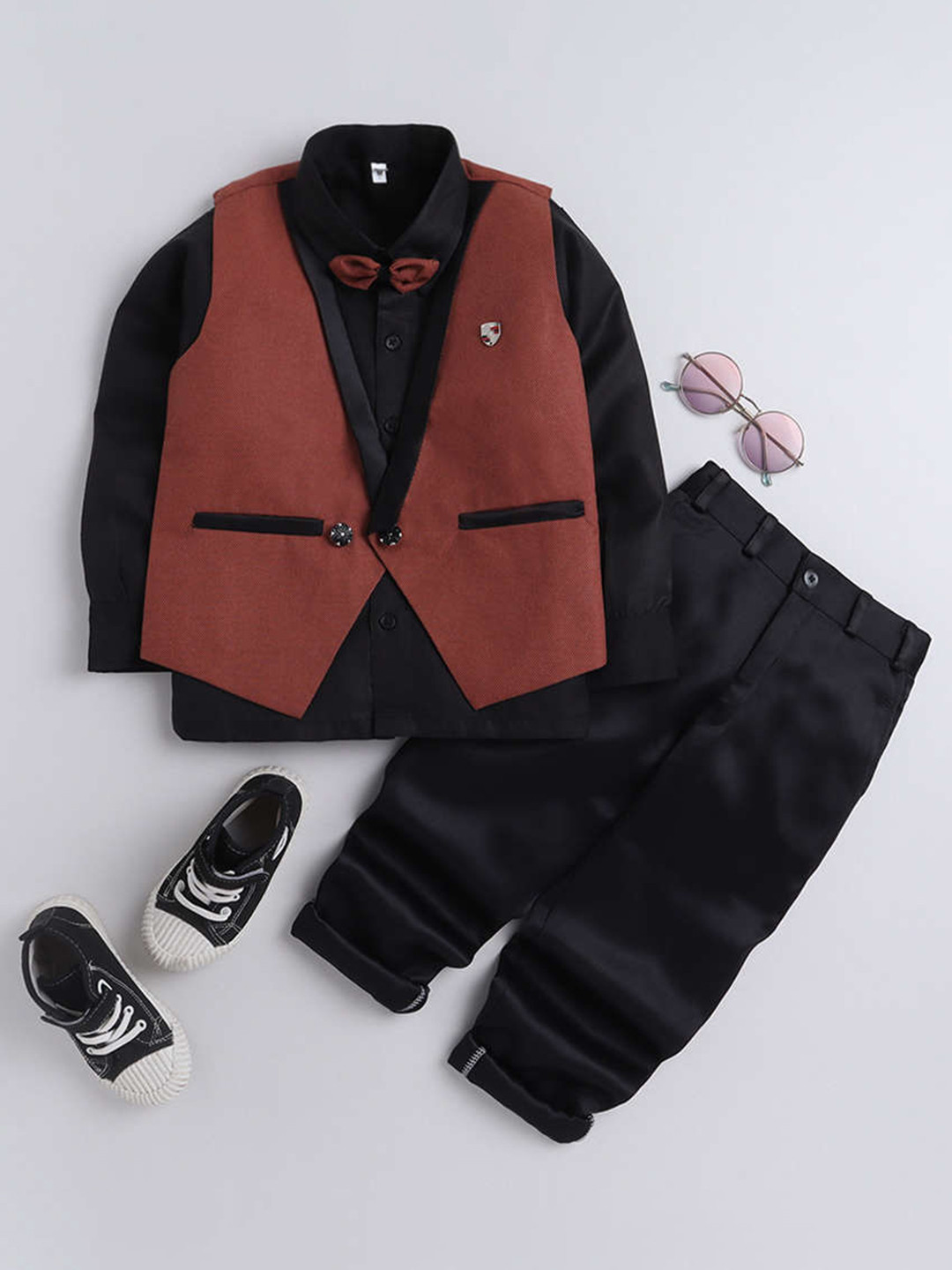 

DKGF FASHION Boys Maroon & Black Shirt with Trousers