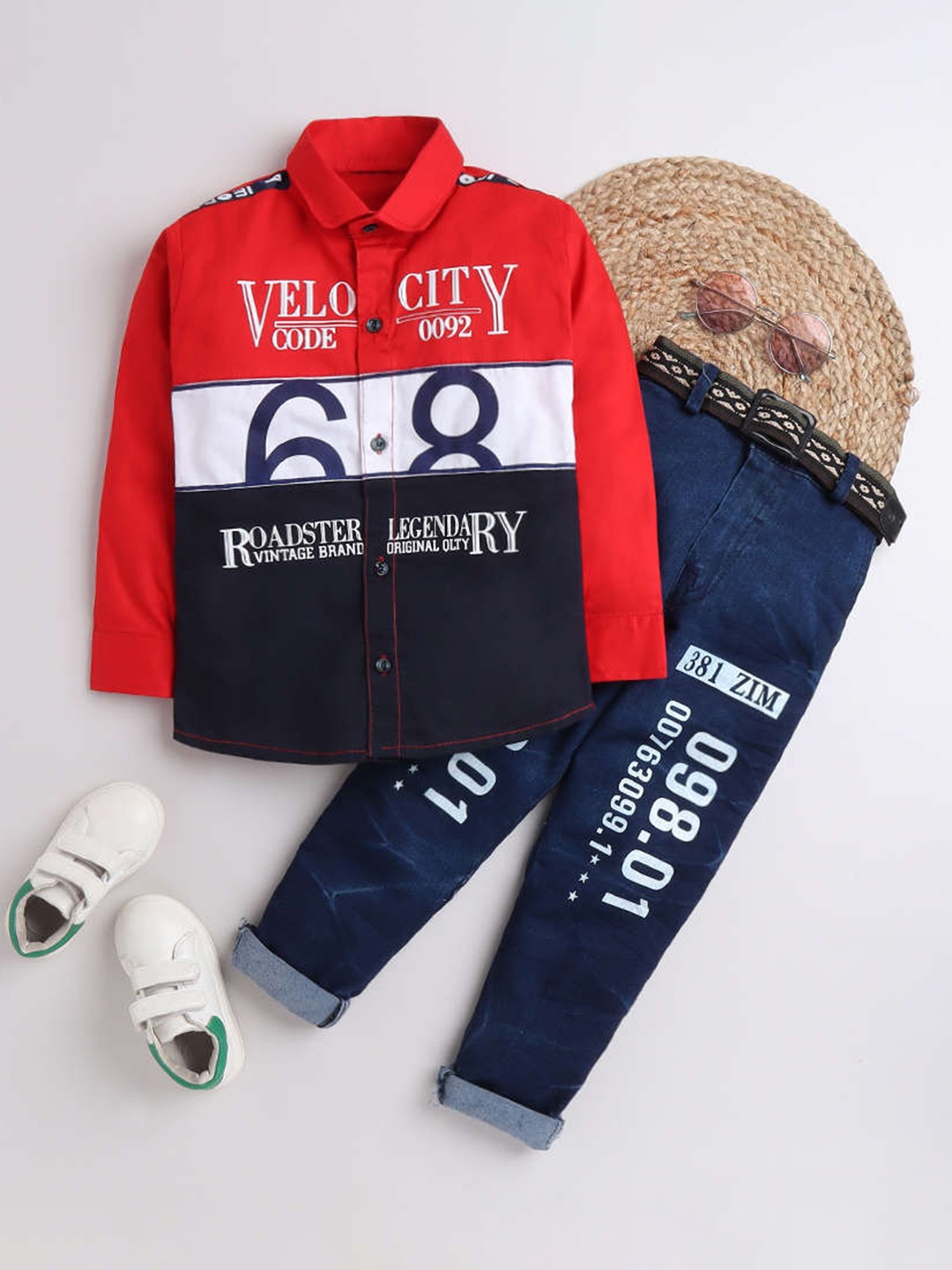 

DKGF FASHION Boys Red & Navy Blue Printed Shirt With Trousers