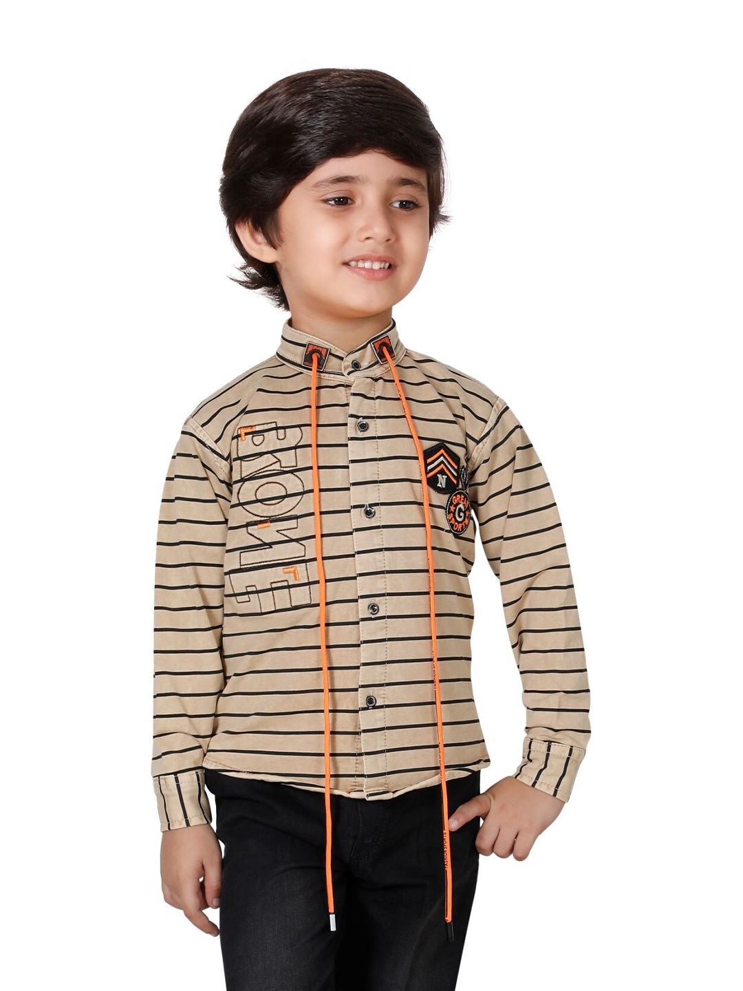 

DKGF FASHION Boys Beige & Black Striped Shirt & Trousers