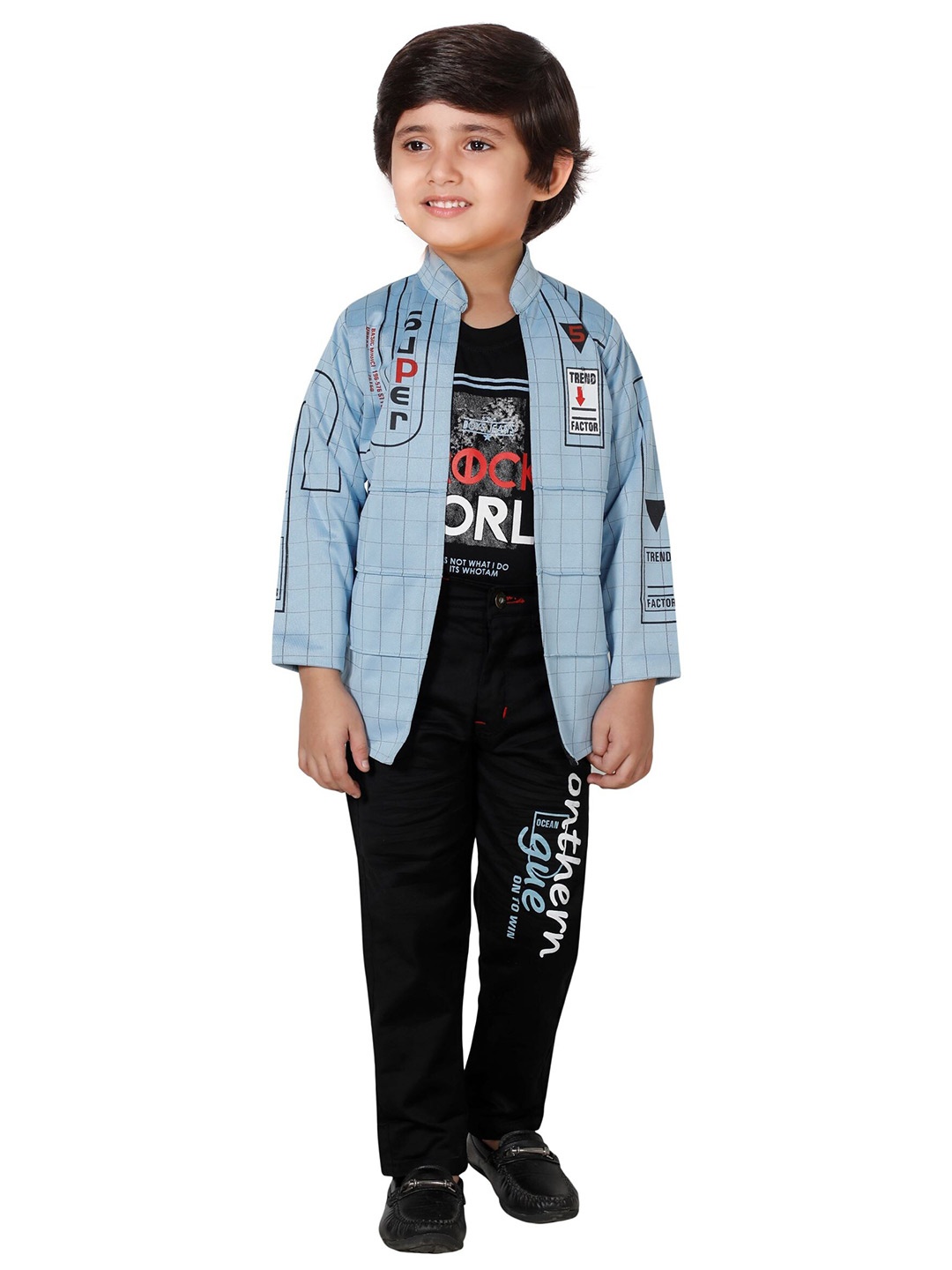

DKGF FASHION Boys Blue & Black Printed Shirt with Trousers