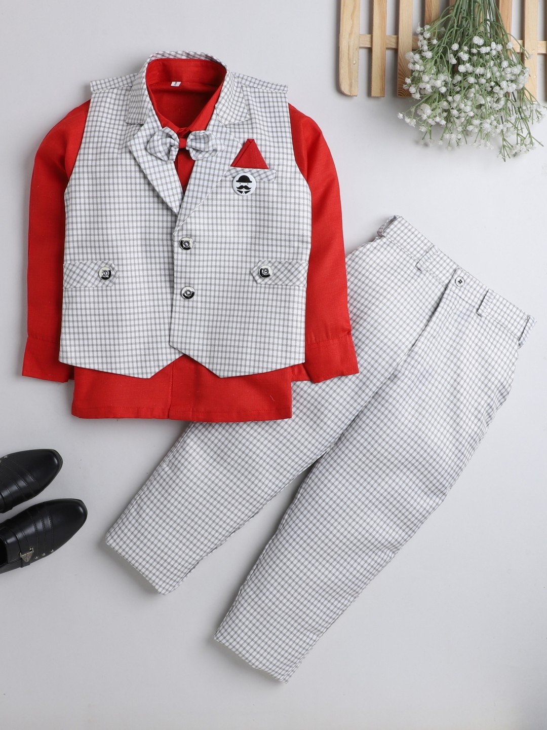 

DKGF FASHION Boys Red & White Checked Shirt with Trousers
