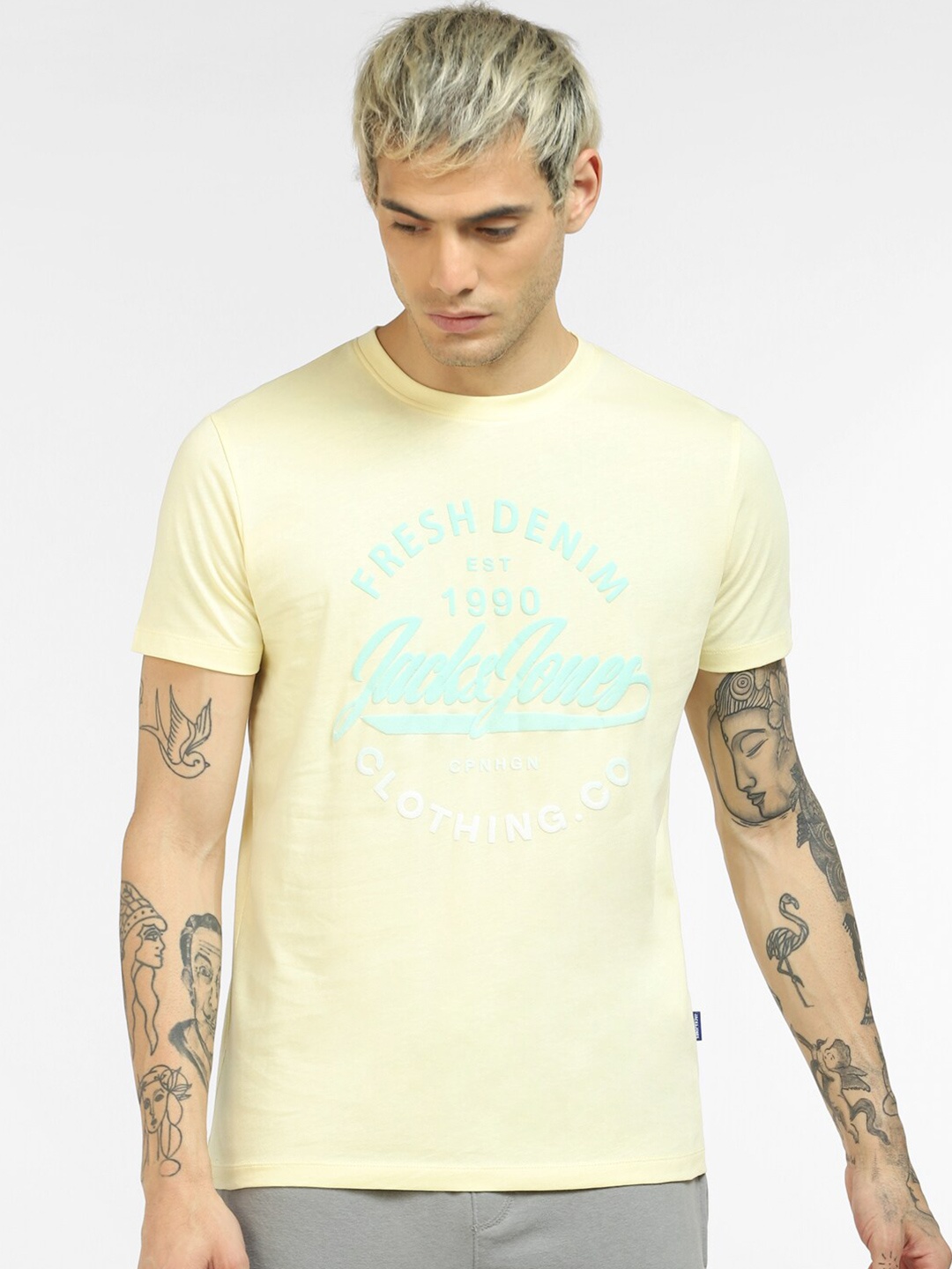 

Jack & Jones Men Yellow Typography Printed Slim Fit T-shirt