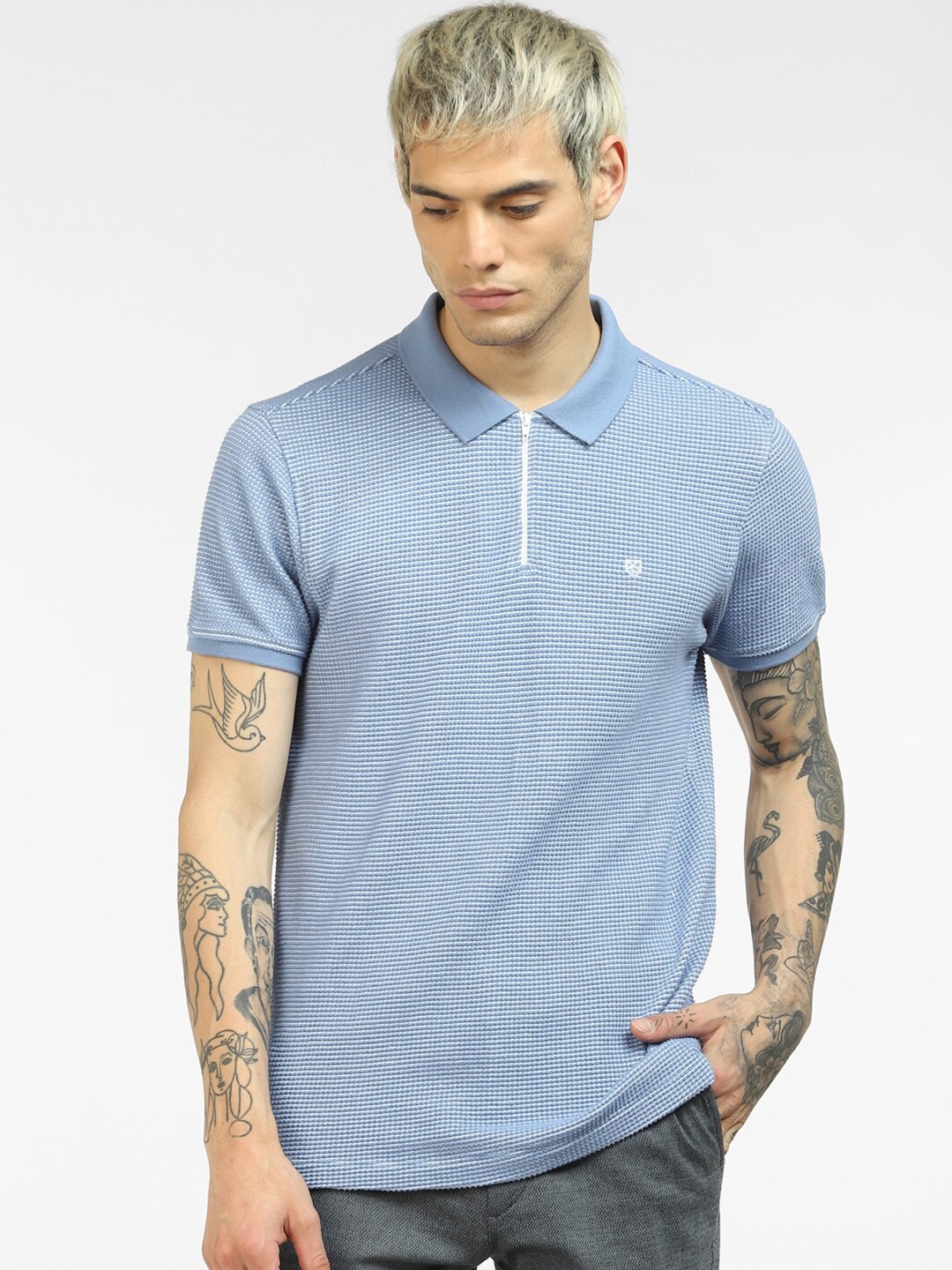 

Jack & Jones Men Self Design Blue Polo Collar Slim Fit T-shirt