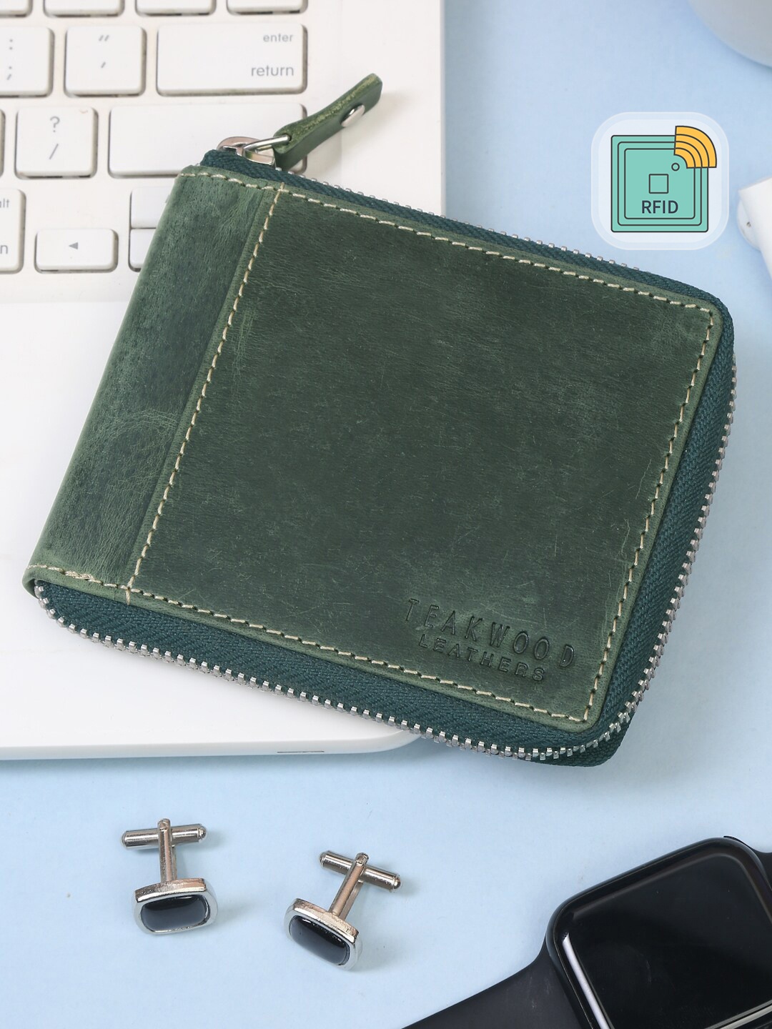 

Teakwood Leathers Men Green Solid Leather RFID Protected Zip Around Wallet