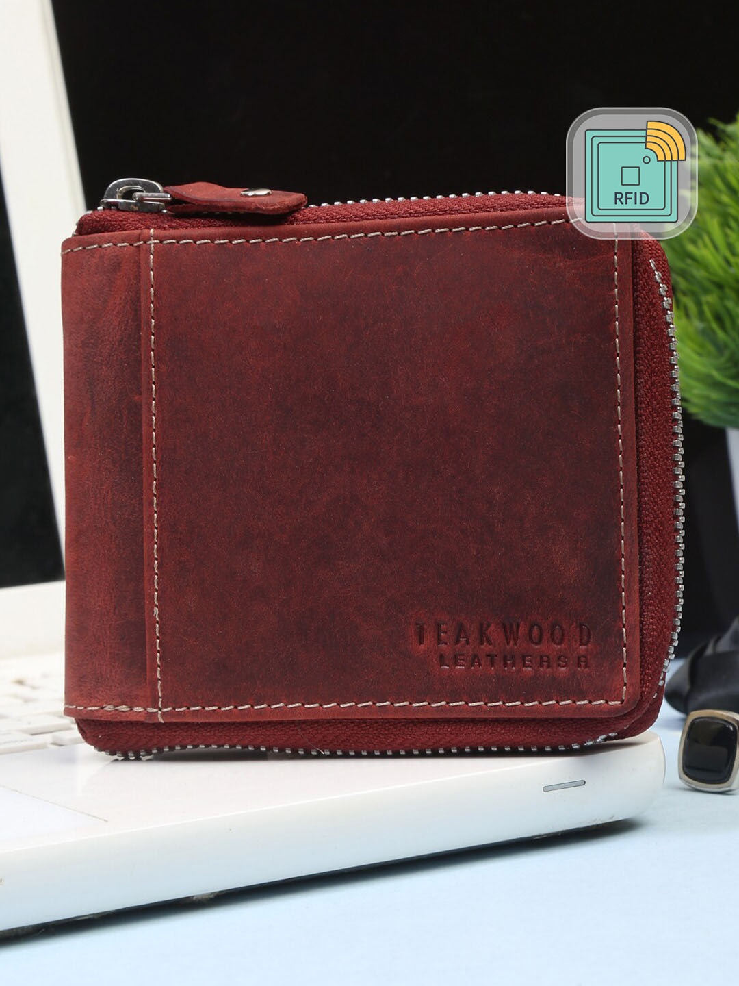 

Teakwood Leathers Men Red Solid Leather RFID Protected Zip Around Wallet