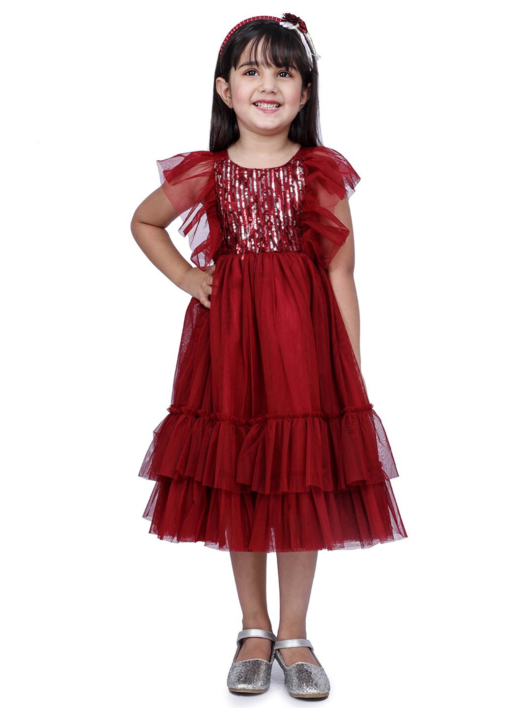 

Peppermint Girls Maroon Sequinned Ruffled Midi Dress