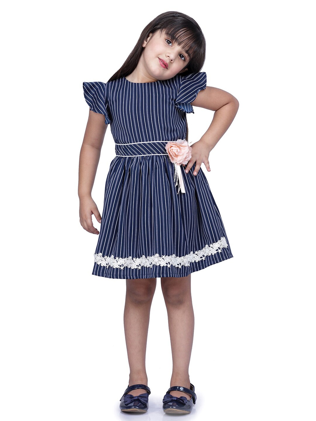 

Peppermint Navy Blue Striped Rose Belt decoration Dress