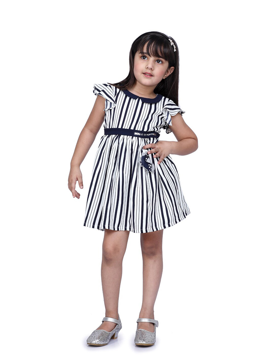 

Peppermint Navy Blue Striped Satin Dress