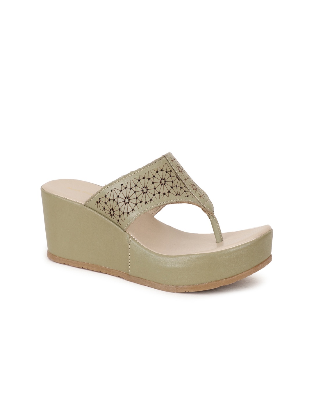 

Hush Puppies Women Olive Green Embellished Leather Wedge Sandals with Laser Cuts