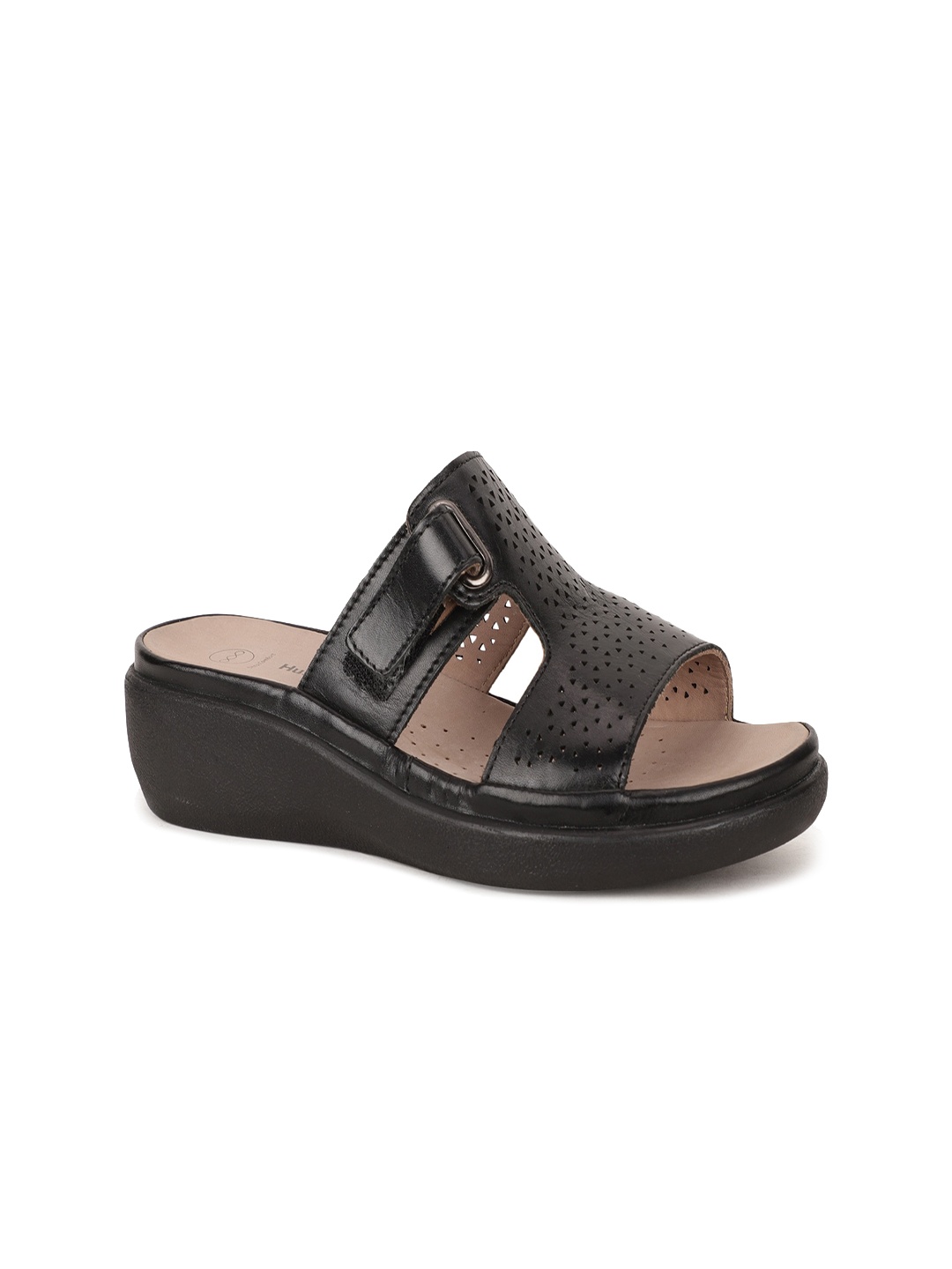 

Hush Puppies Black Leather Wedge Heels with Laser Cuts