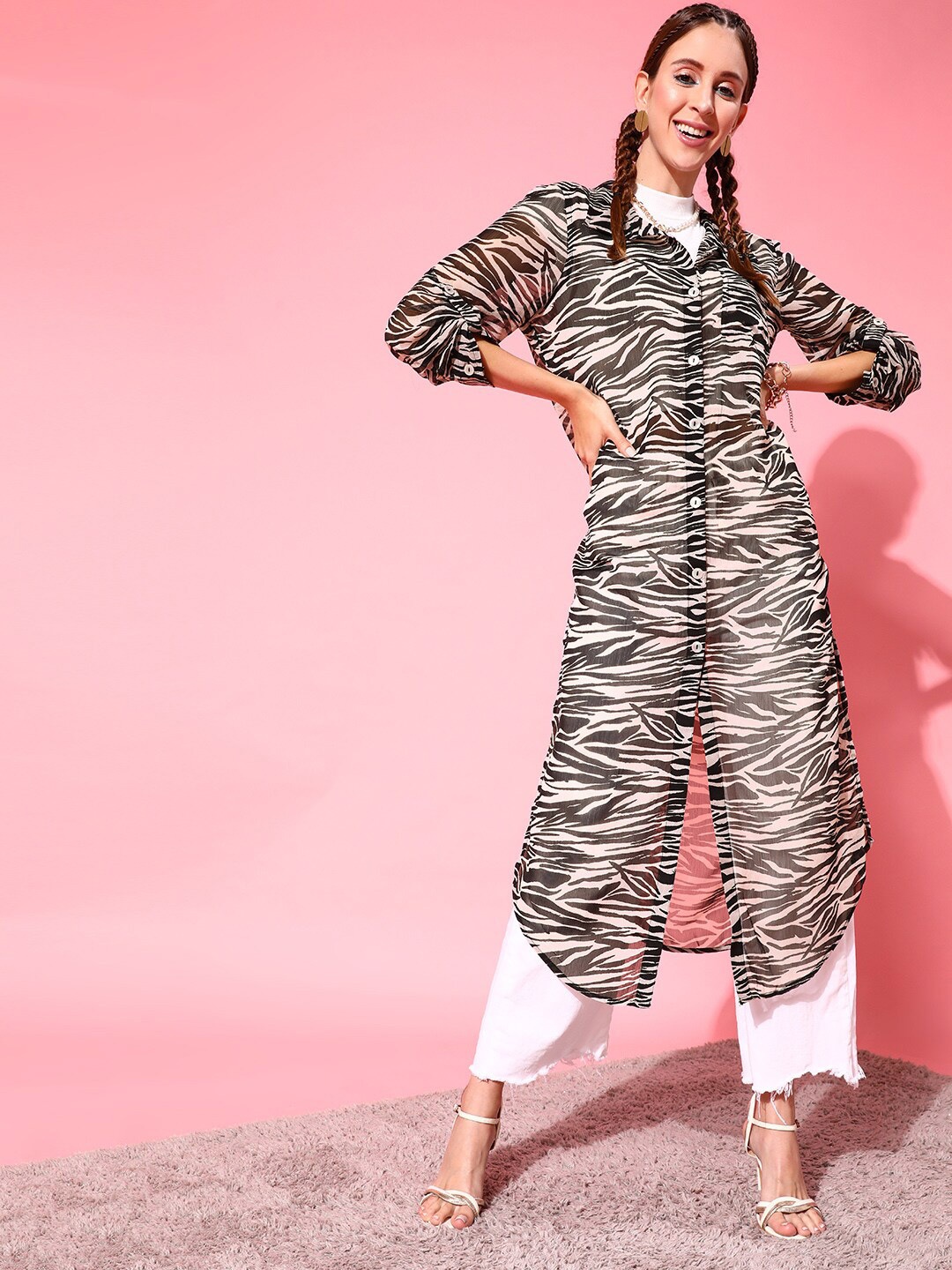 

STREET 9 Brown Animal Georgette Shirt Dress